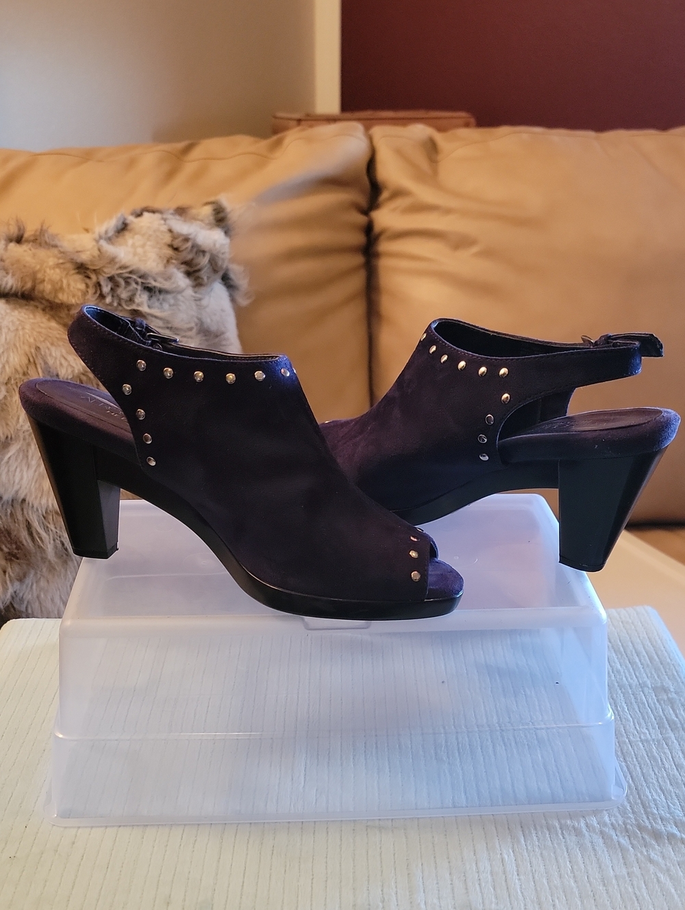Aerosoles Women’s Open-Toe Suade Studded Slingback Heels in Deep Purple
